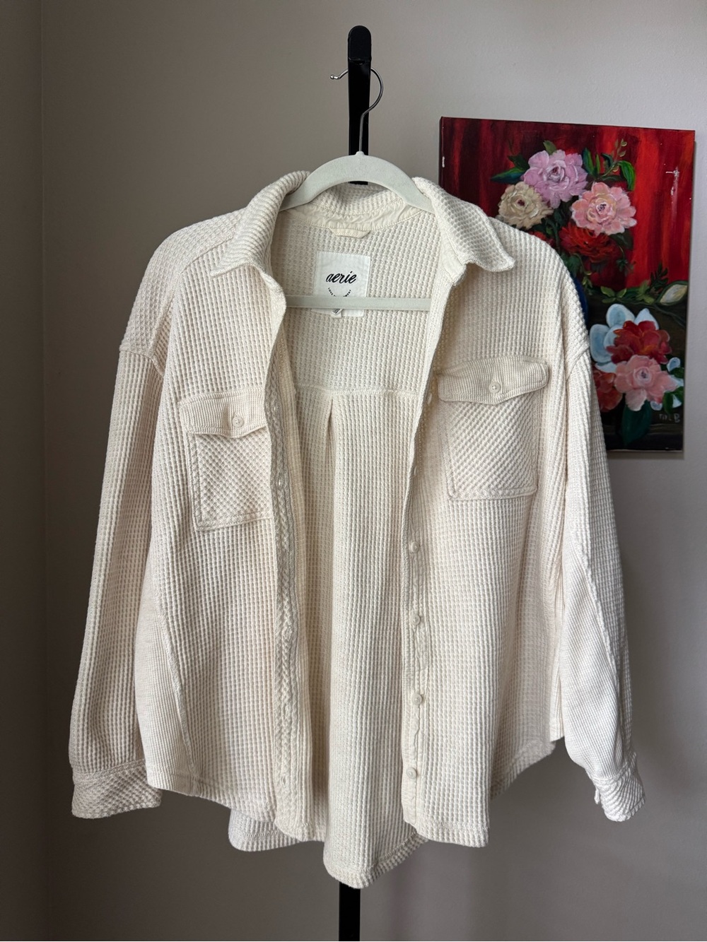 Aerie Cream Waffle Knit Shacket Oversize
